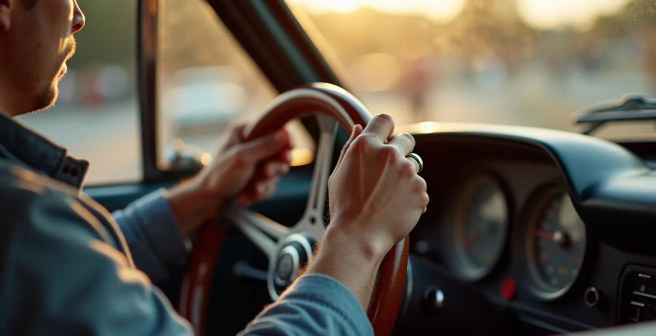 Mains de passionné tenant volant lors de rallye de régularité, concentré sur navigation, ambiance heritage automobile