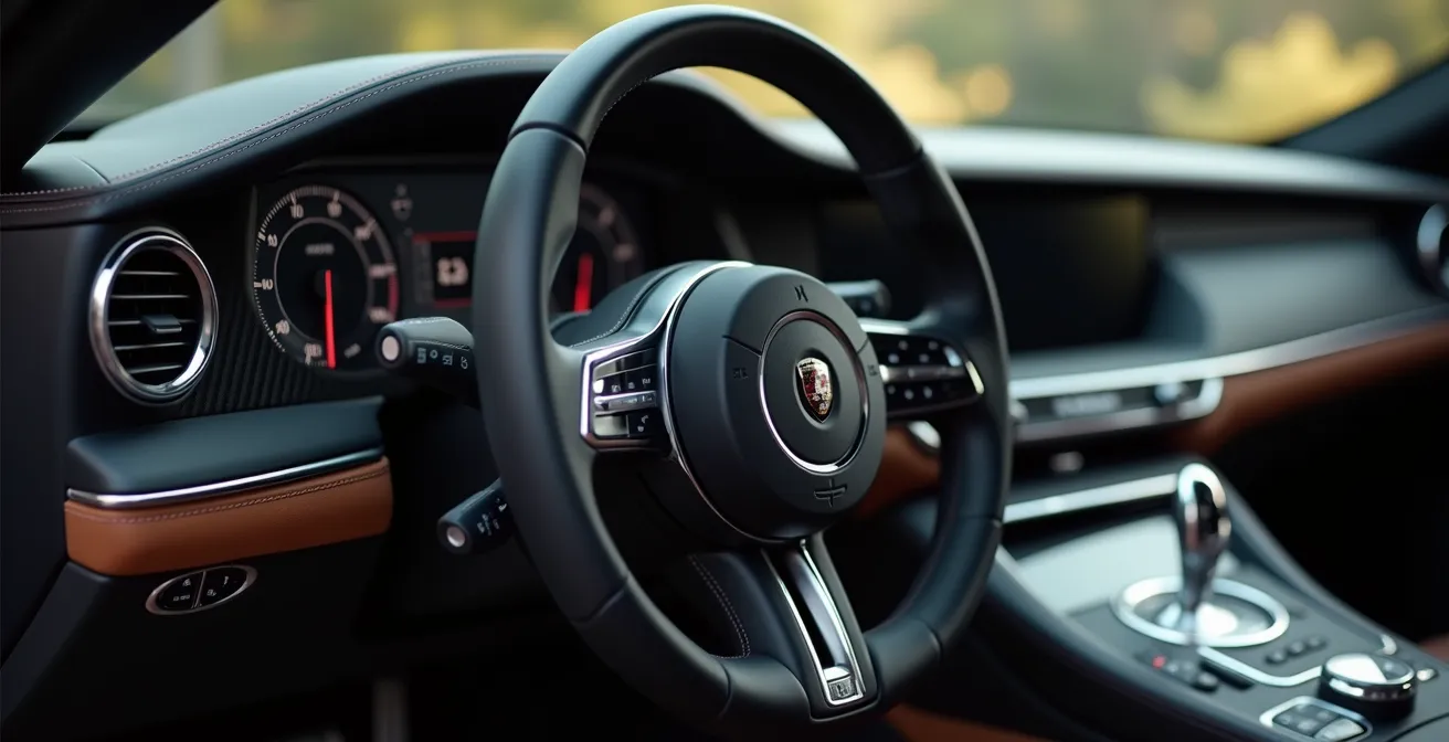 Voiture de prestige en intérieur luxueux, éclairage cinématographique, détails texturés premium