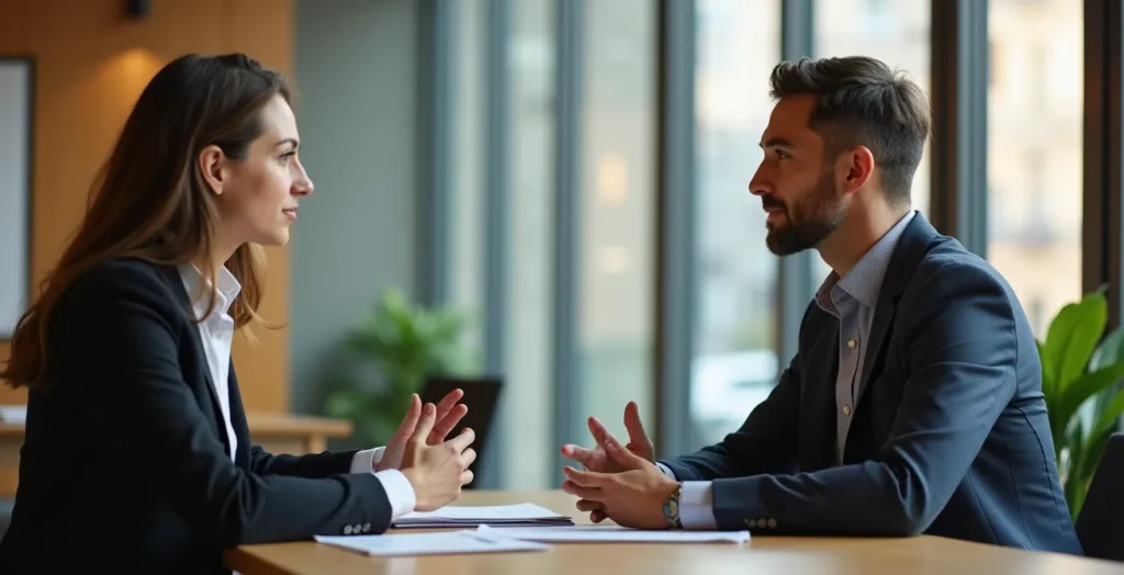 Deux professionnels en discussion posée dans ambiance bureau premium, confiance et expertise mutuelle Deux professionnels en discussion posée dans ambiance bureau premium, confiance et expertise mutuelle