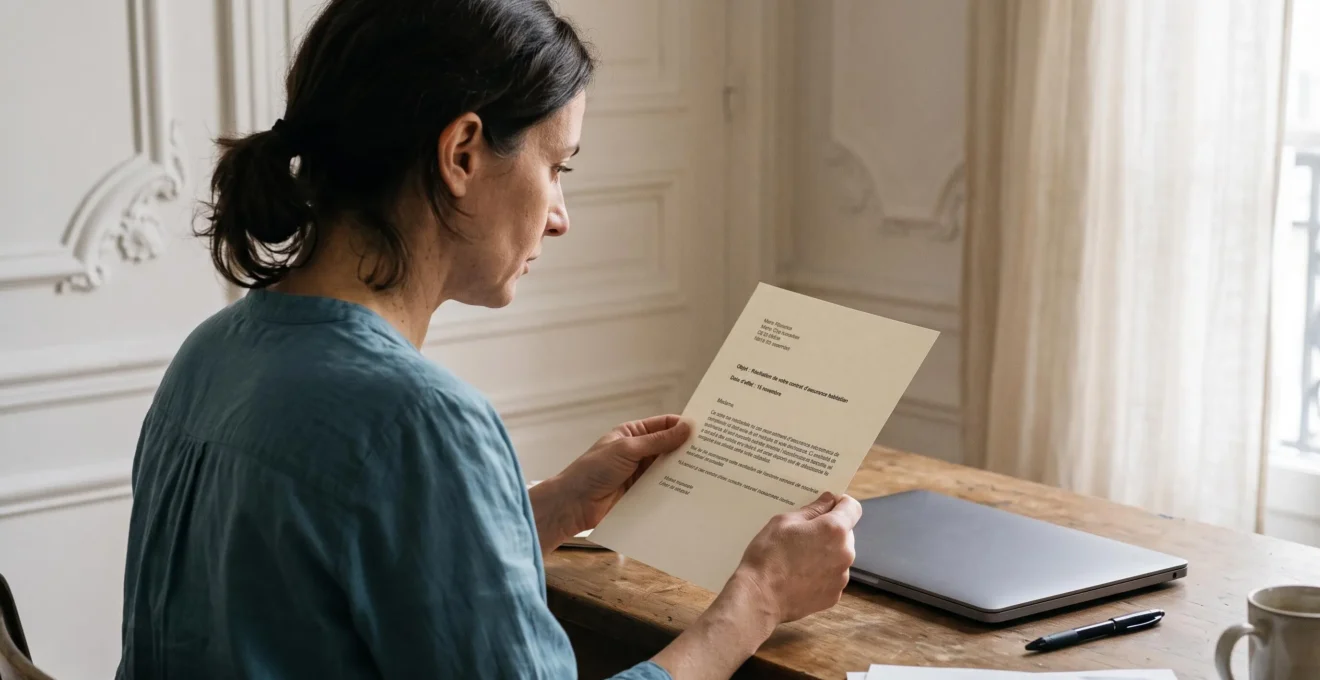 Une femme assise à son bureau lit une lettre de résiliation de contrat d'assurance chez elle.