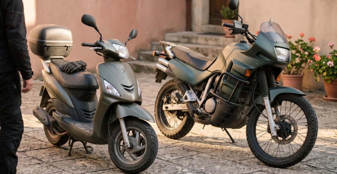 Un scooter 125 cc et une moto trail garés côte à côte dans une cour résidentielle française.